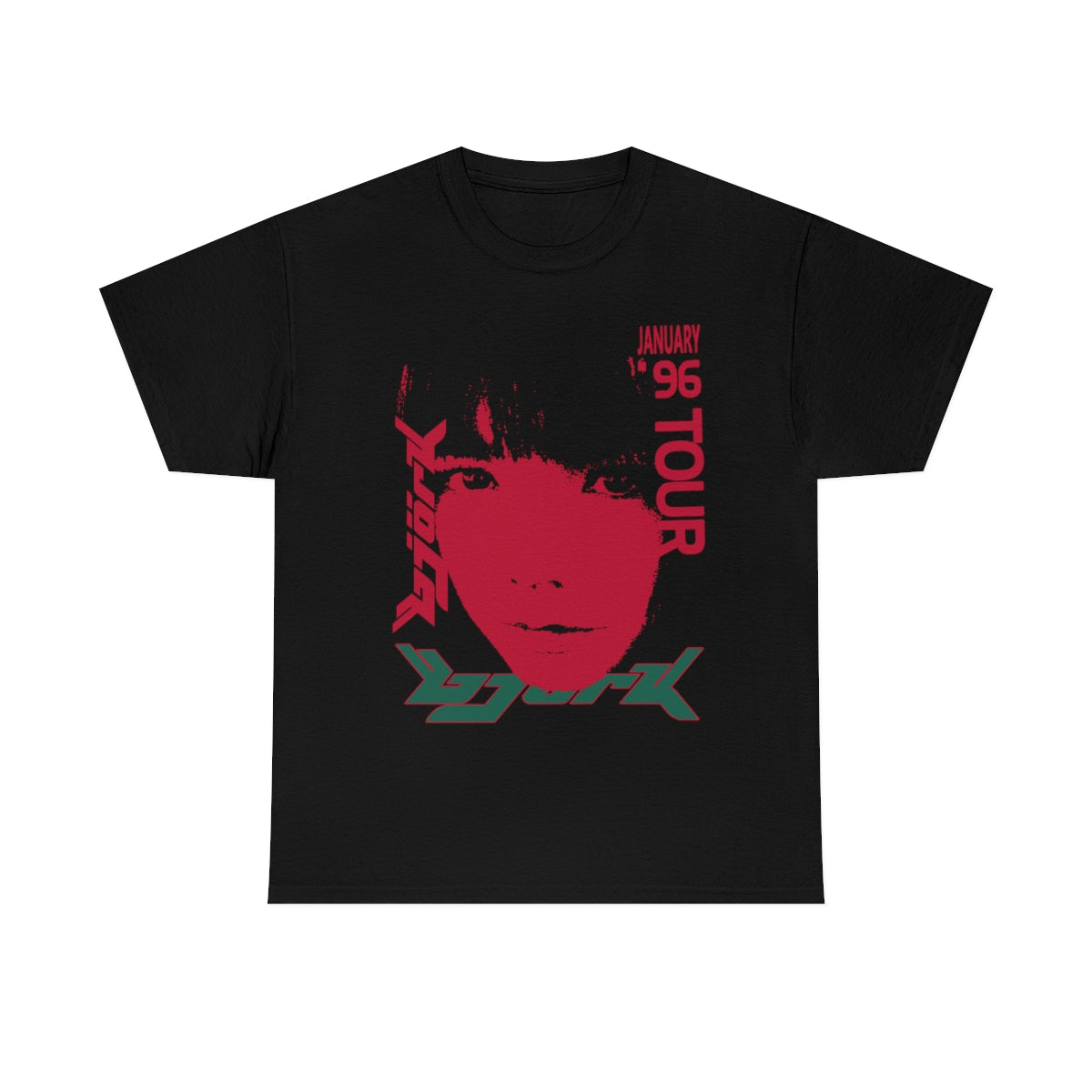 Bjork 1996 January Tour Vintage Vibe T-shirt (Cherry Red / Dark Forest Green)